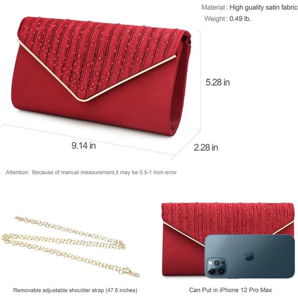 ⚡ Women's Evening Rhinestones Envelope Style Chain Strap Red Clutch Handbag - Picture 6 of 6